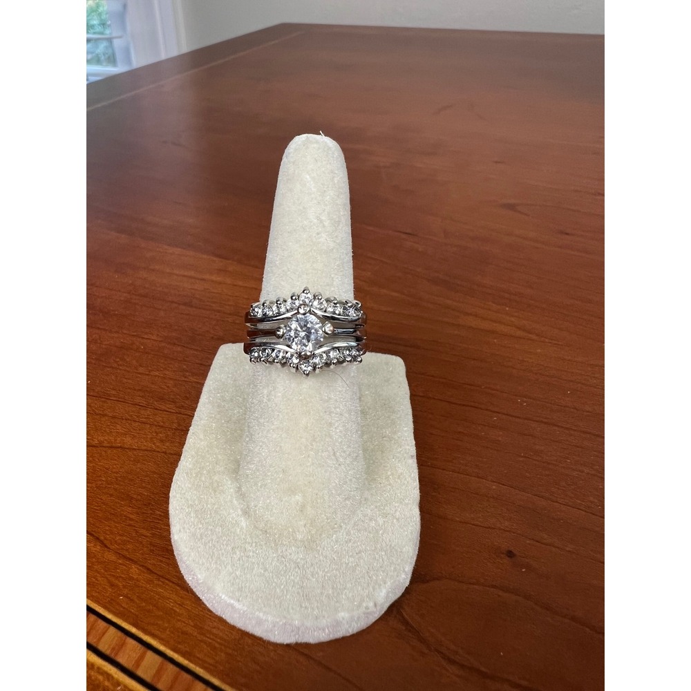 Silver Tone Round Cut Solitaire Bridal Ring Set with Enhancer Bands Size 5